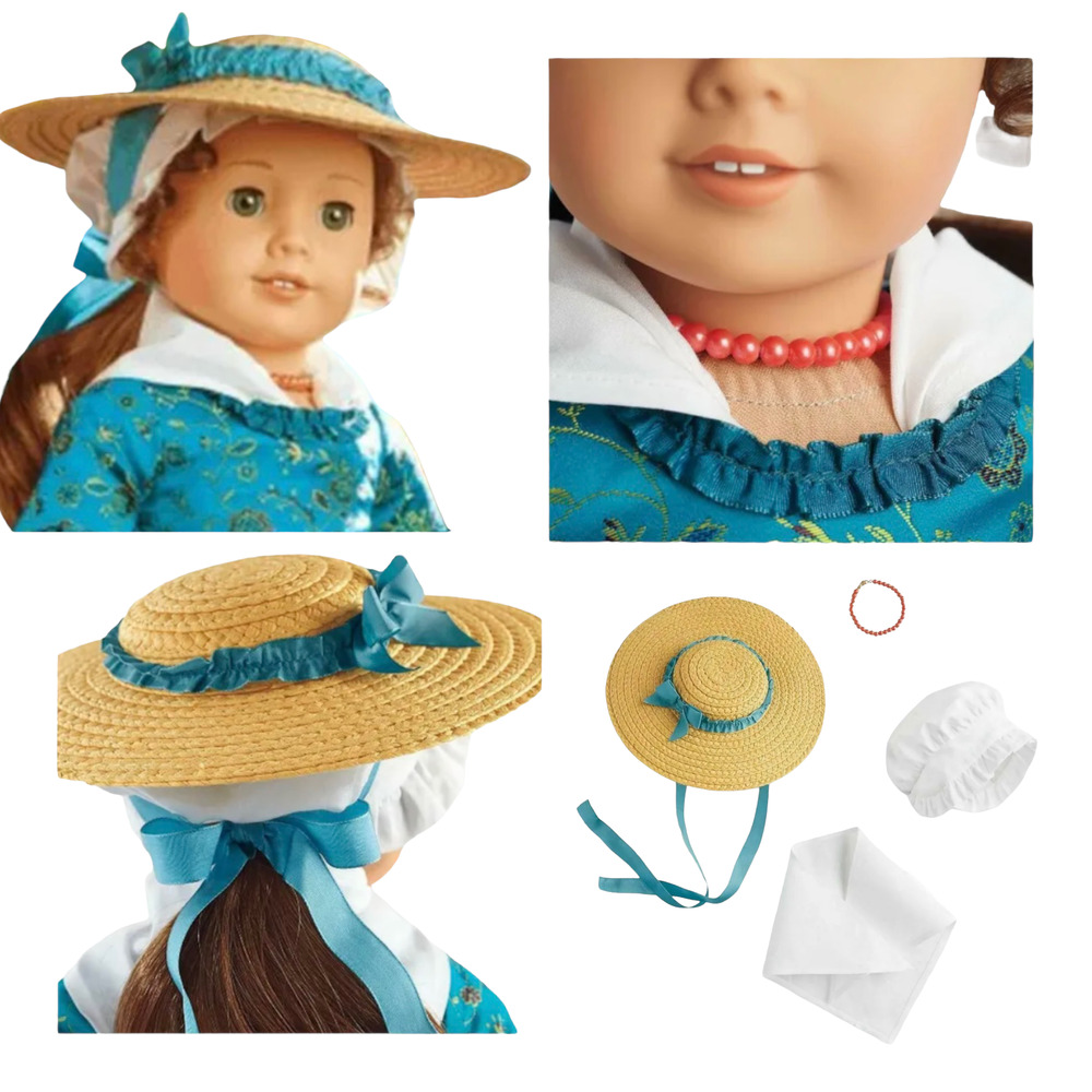 American Girl Felicity Meet Accessories Doll Straw Hat Necklace Fichu Bonnet New - Picture 3 of 9